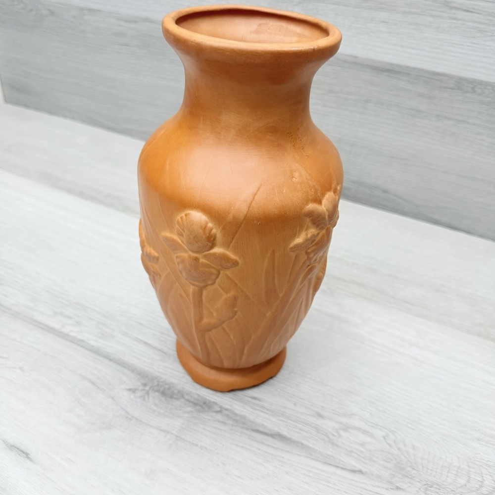 Terracotta Vase 10" Embossed Iris Floral Relief Art Nouveau Style Vintage